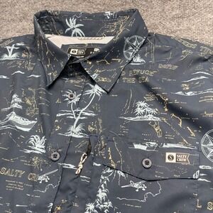 Salty Crew Mens XL Short Sleeve Button Up Shirt Navy Nautical Map Fishing Top